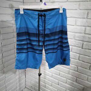 O'Neill Men's Size 34 Blue & Black Striped Tie Waist Closure Swim Shorts